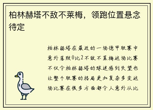 柏林赫塔不敌不莱梅，领跑位置悬念待定